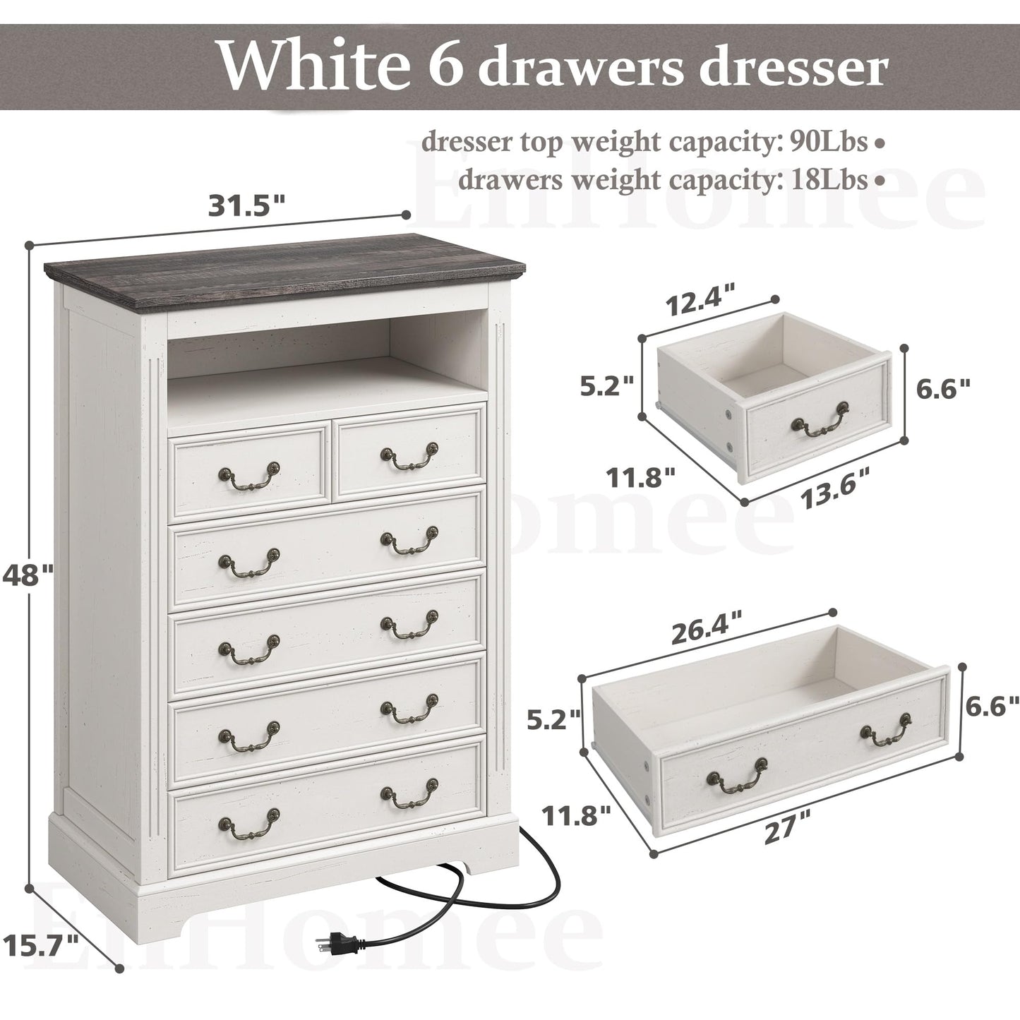 EnHomee Farmhouse 6 Drawer Dresser for Bedroom LED Light & Power Outlets, 48" H Wood Dressers & Chests of Drawers with Natural Texture, Hallway, Antique White