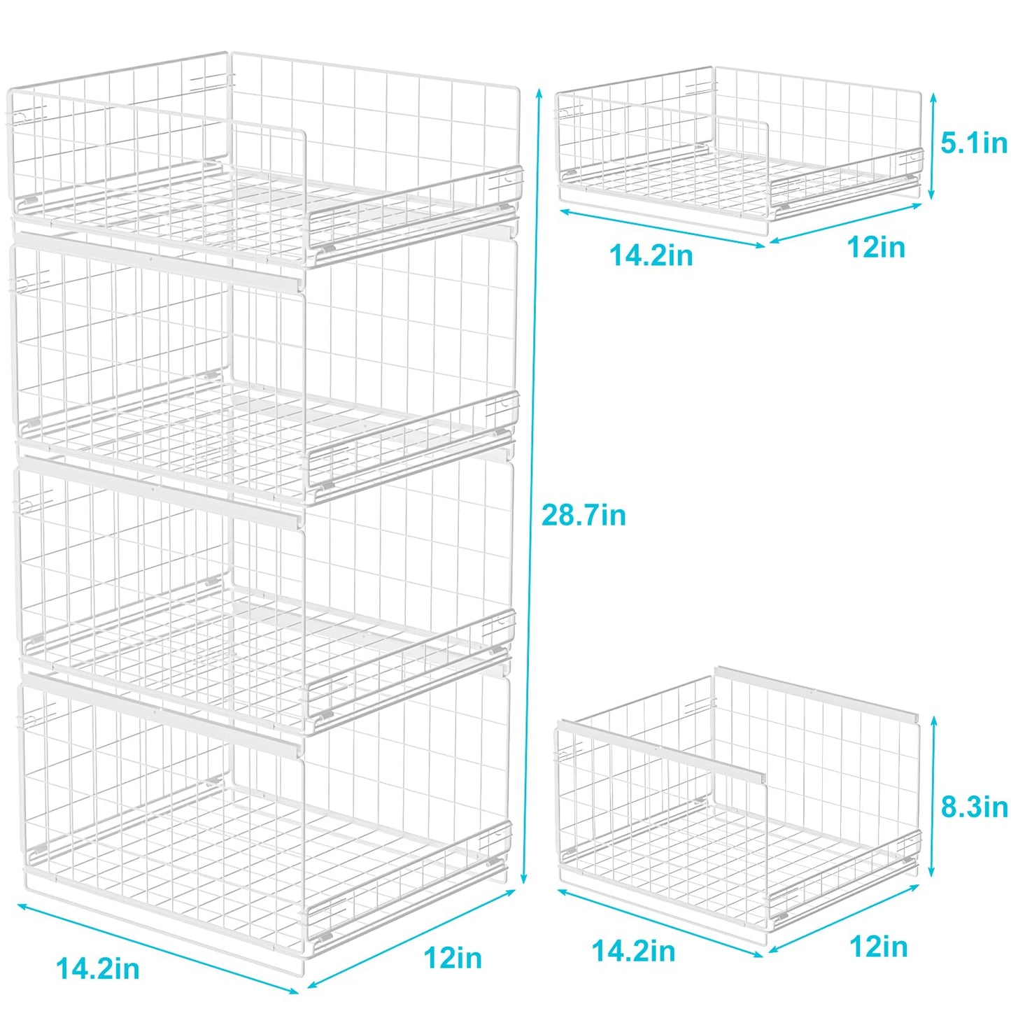 Hongtamoya 4-Tier Stackable Closet Organizers and Storage Shelves, Sliding Storage Basket Clothes Bins Drawer Shelf Container for Wardrobe Kitchen Bathroom Office, White