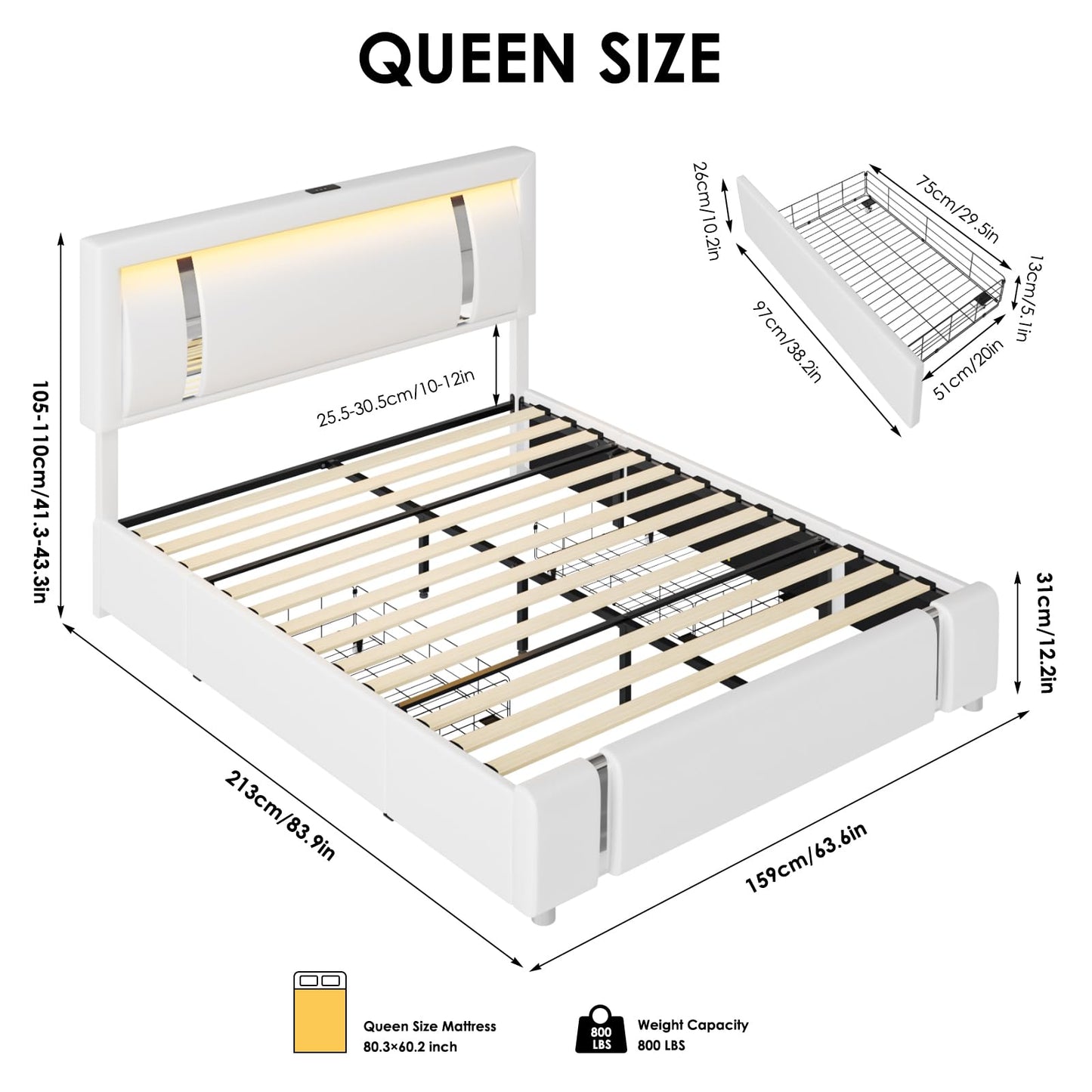 Keyluv Queen Bed Frame with RGB LED Lights Headboard & 2 Storage Drawers, Modern Upholstered Faux Leather Smart Platform Iron Metal Decor, USB USB-C Charging Ports, No Box Spring Needed, White