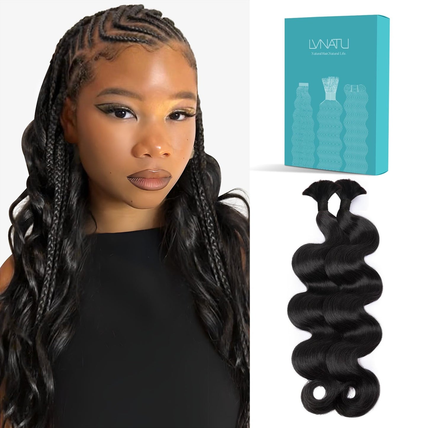 Lvnatu Body Wave Braiding Hair Human for Boho Braids Bohemian Knotless Easy to Work with at Salon/Home Wavy Bulk 2 Bundles 100g 22 Inch Jet Black for Stylists/Hairdresser