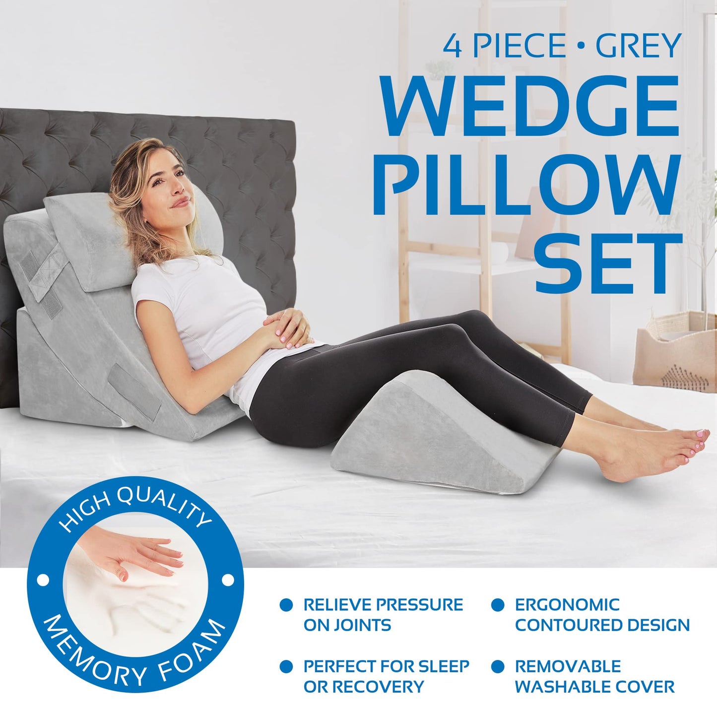 AllSett Health 4 PC Bed Wedge Pillows Set - Orthopedic Wedge Pillow for Sleeping with Memory Foam | Multi Angle Relief System for Back, Neck, Shoulder, and Leg - Machine Washable Cover