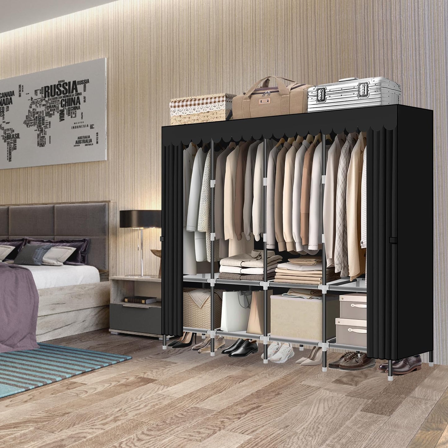 LOKEME Wardrobe Closet,Black Portable Closet with Zippers,65.4Inches 19mm Diameter,Portable Closets for Hanging Clothes,with 4 booms and Storage cabinets,Spacious Large -Capacity Storage Space