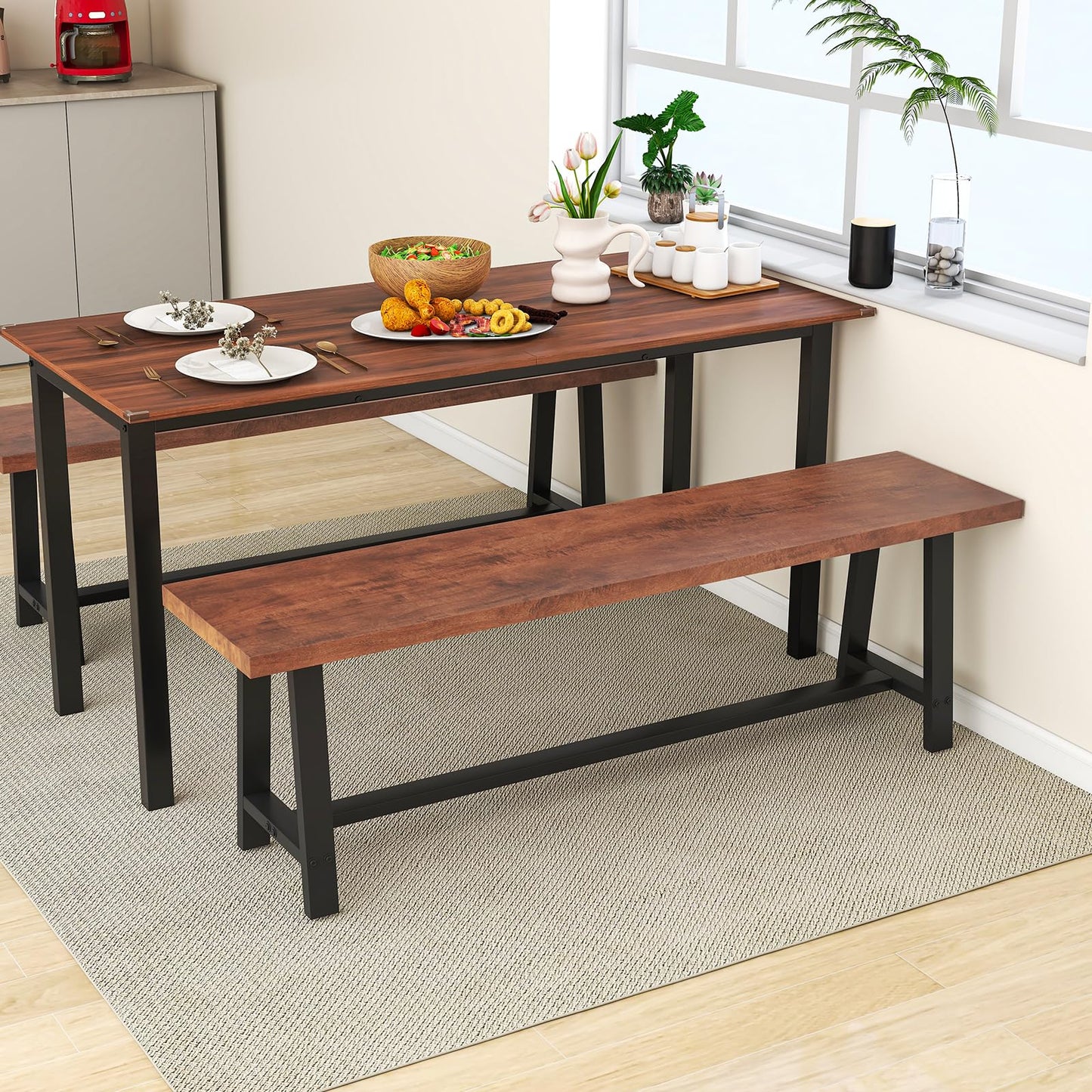 Giantex 60” Rectangular Wood Dining Bench, 3 Person Entryway Shoe Bench with Metal Frame, Farmhouse Indoor Benchs for End of Bed, Hallway, Living Room & Dining Room (60”L)
