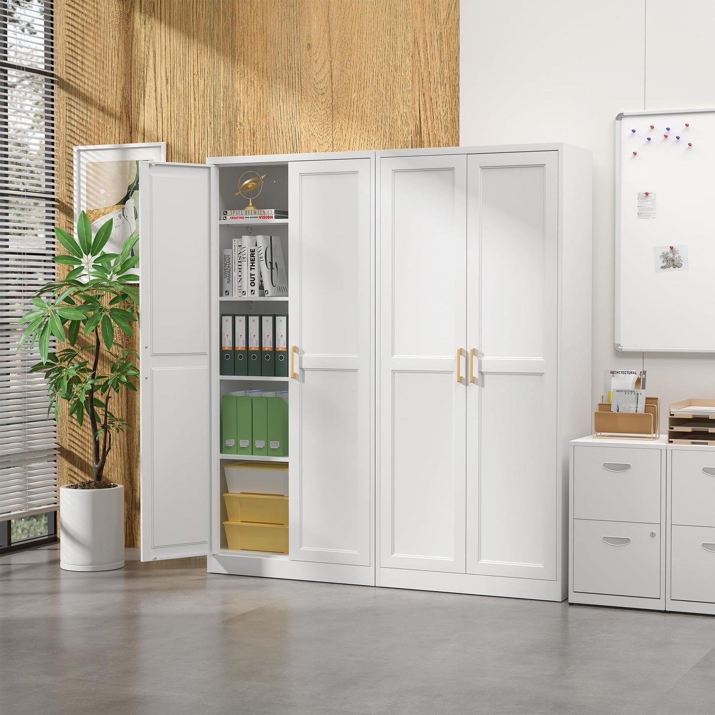 Kitchen Pantry Cabinet,71”White Metal Pantry Storage Cabinet with Doors and 4 Adjustable Shelves,Kitchen Cabinet with 2 Gold Handles,Tall Cabinet for Livingroom,Pantry, Bathroom,Kitchen