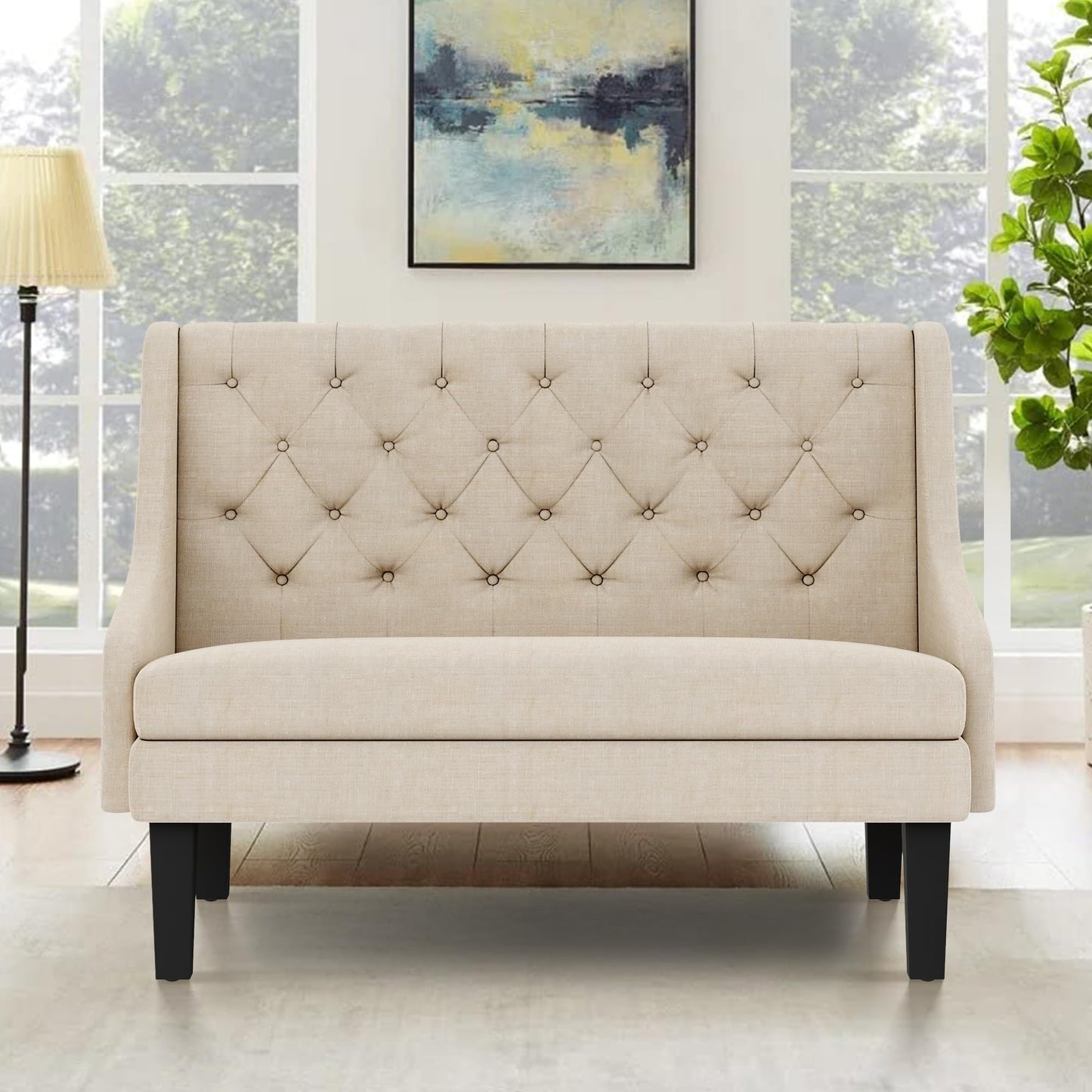 Yongqiang Settee Bench with Back Mini Couch for Dining Room Living Room Entryway Modern Upholstered Banquette Button Tufted Loveseat Sofa with Wood Legs Cream