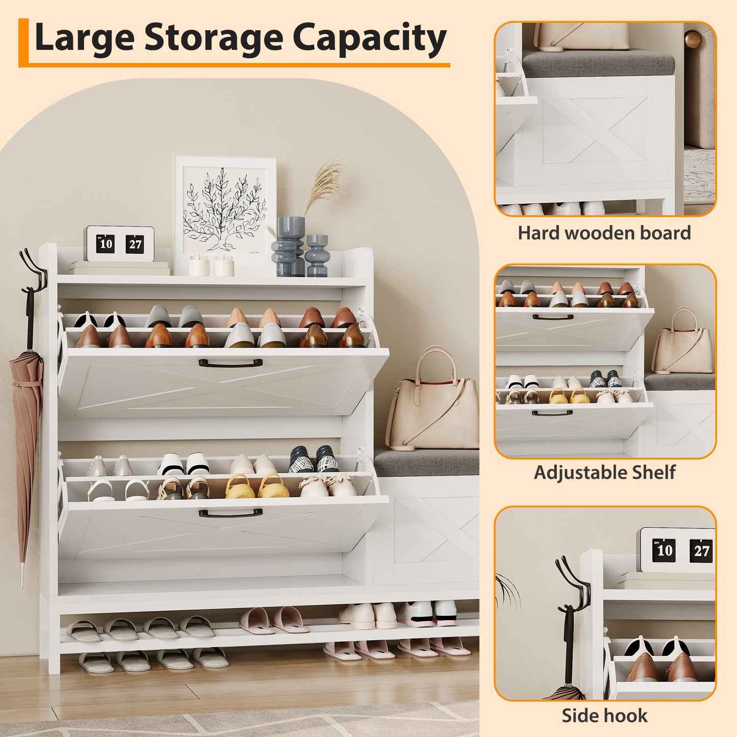 BouPower Shoe Cabinet with Bench, Farmhouse Narrow Slim Shoe Storage Cabinet 2 Flip Drawers for Entryway, Living Room, Hallway, White
