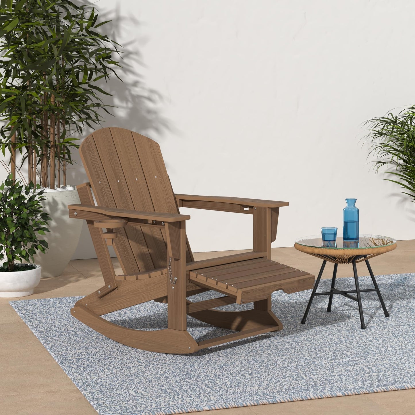 KINGYES Adirondack Rocking Chair Set of 2 with Retractable Ottoman and Cup Holders, HDPE Adirondack Rocker Patio Rocking Chair for Porch, Patio, Balcony, Brown