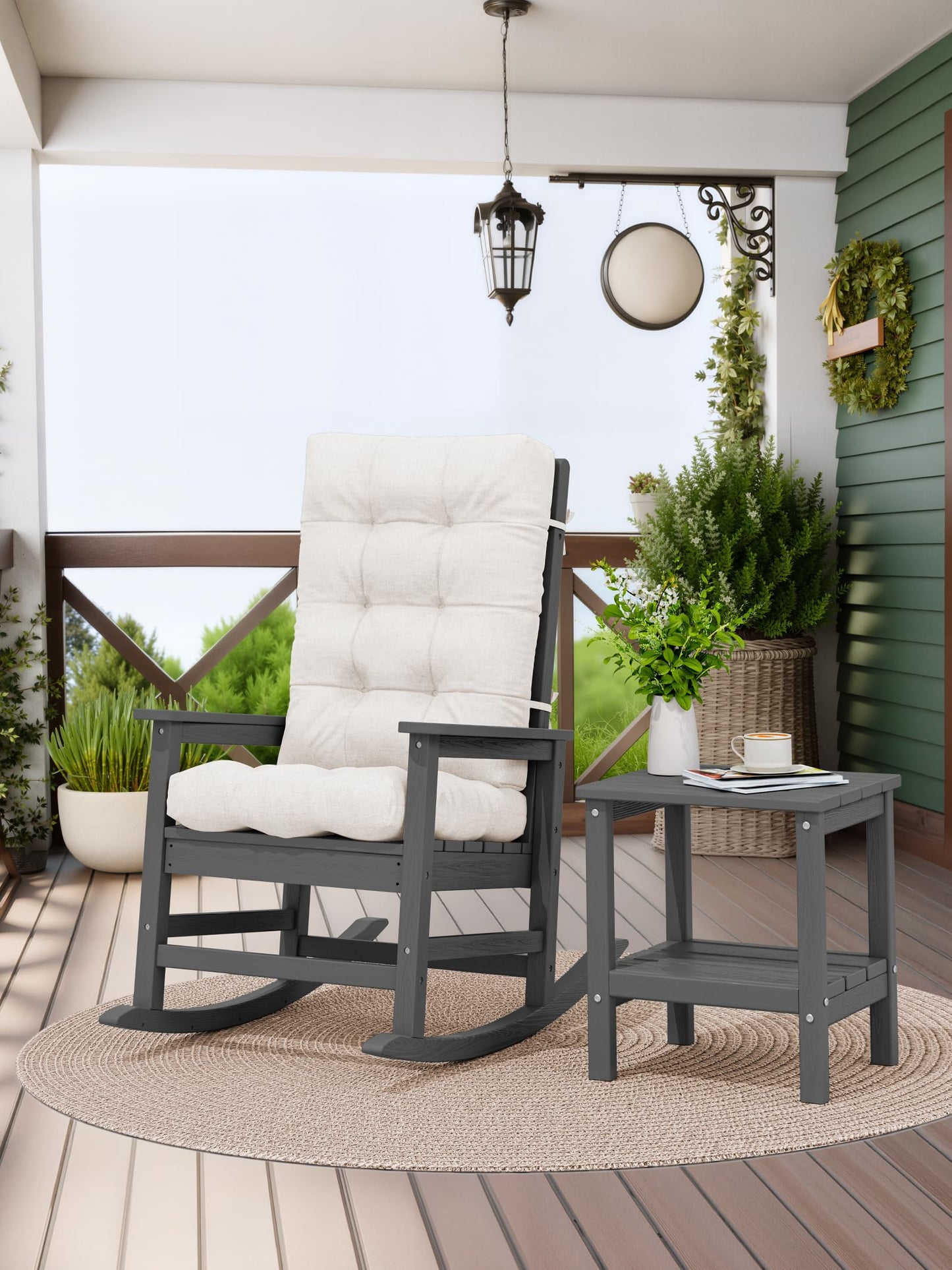 KINGYES HDPE Rocking Chair Outdoor with Thick Cushions, All-Weather Patio Rocking Chair Porch Rocker for Outside, Grey Chair with Beige Cushion