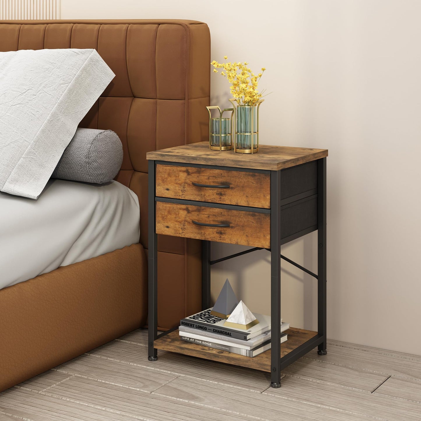 TigerDad Nightstand End Table with 2 Fabric Drawers and Wood Storage Shelf, Narrow Side Table with Steel Frame Small Bedside Table for Living Room, Bedroom,Rustic Brown