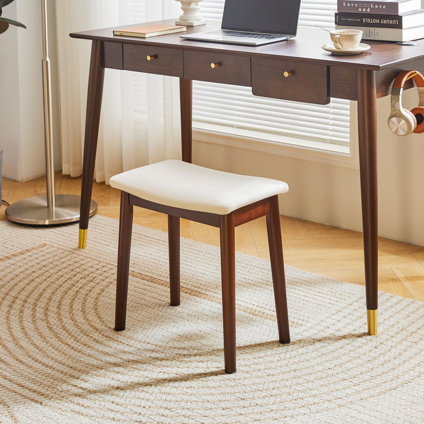 IBUYKE Saddle Cushion Vanity Stool Chair, Foot Rest Stool with Solid Wood Legs, Modern Vanity Bench Ottoman for Piano, Upholstered Seat for Bedroom, Entryway, Walnut Legs&Off White WBD007HM