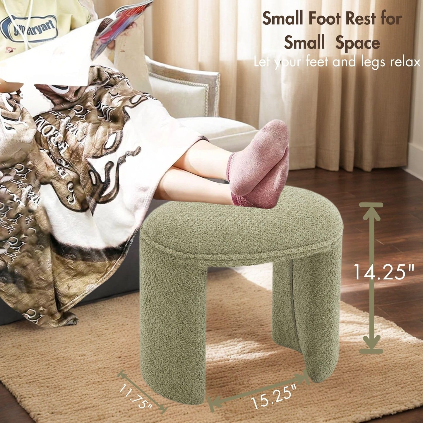Hyfirm 3-Piece 53" Comfy Upholstered Dining Bench with 2 Ottomans, Accent Waterfall Bench Modern End of Bed Entryway Bench Vanity Stool, Green Chenille