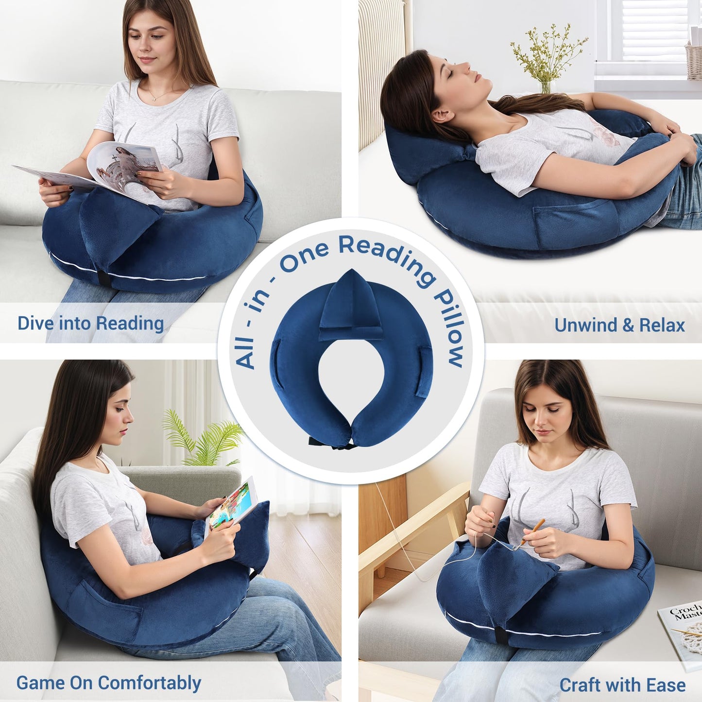 COOLBEBE Reading Pillow for Gaming, Arm Rest Support Pillow, U-Shaped Lap Pillow for Bed & Sofa, Compact Gaming Pillow with Tablet Support for Reading, Crocheting(Navy Blue)