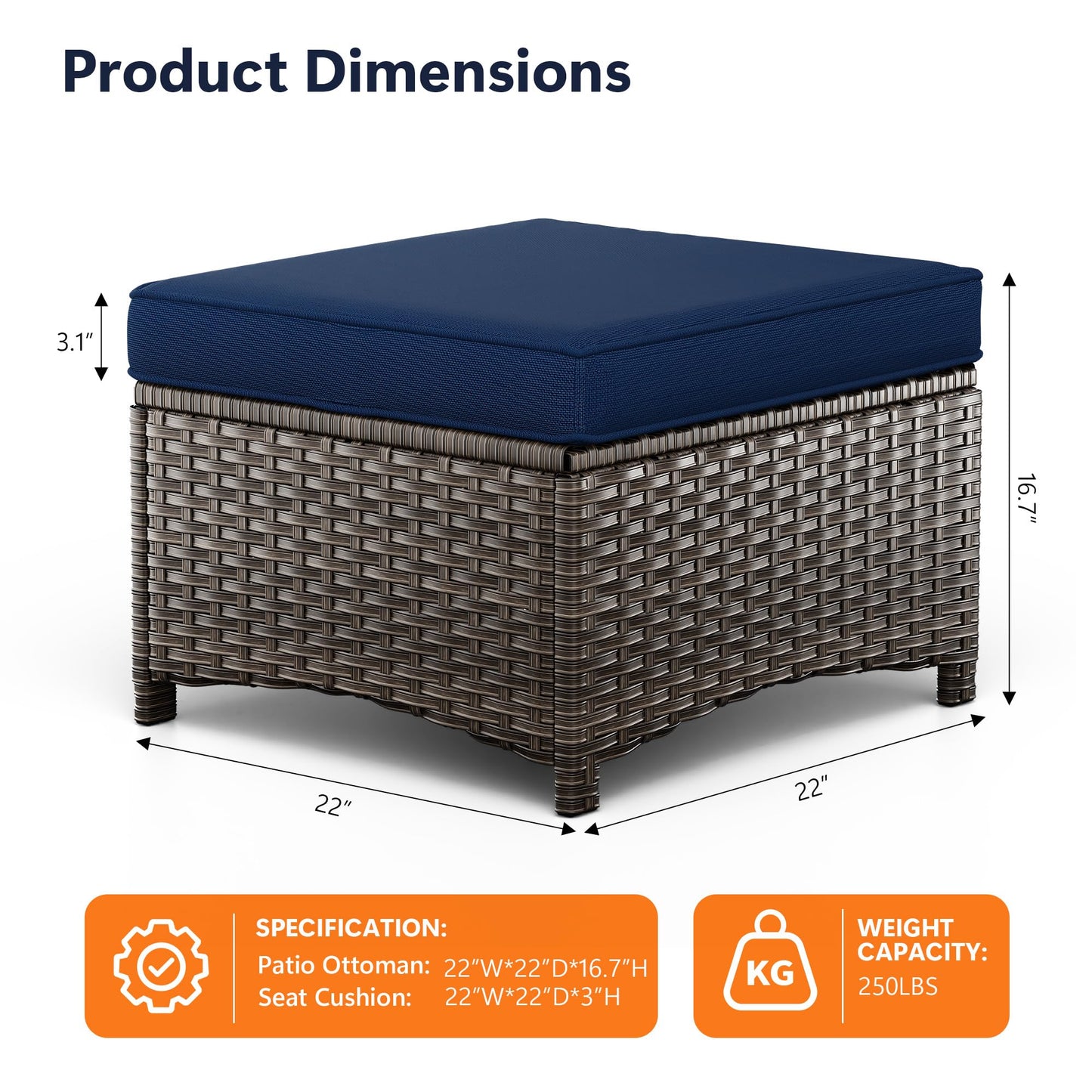 MaxMulti 2 Pieces Patio Ottomans, Outdoor Wicker Footrest Seat with Removable Cushions, Multipurpose Patio Furniture for Outdoor, Backyard and Deck Use (Blue)