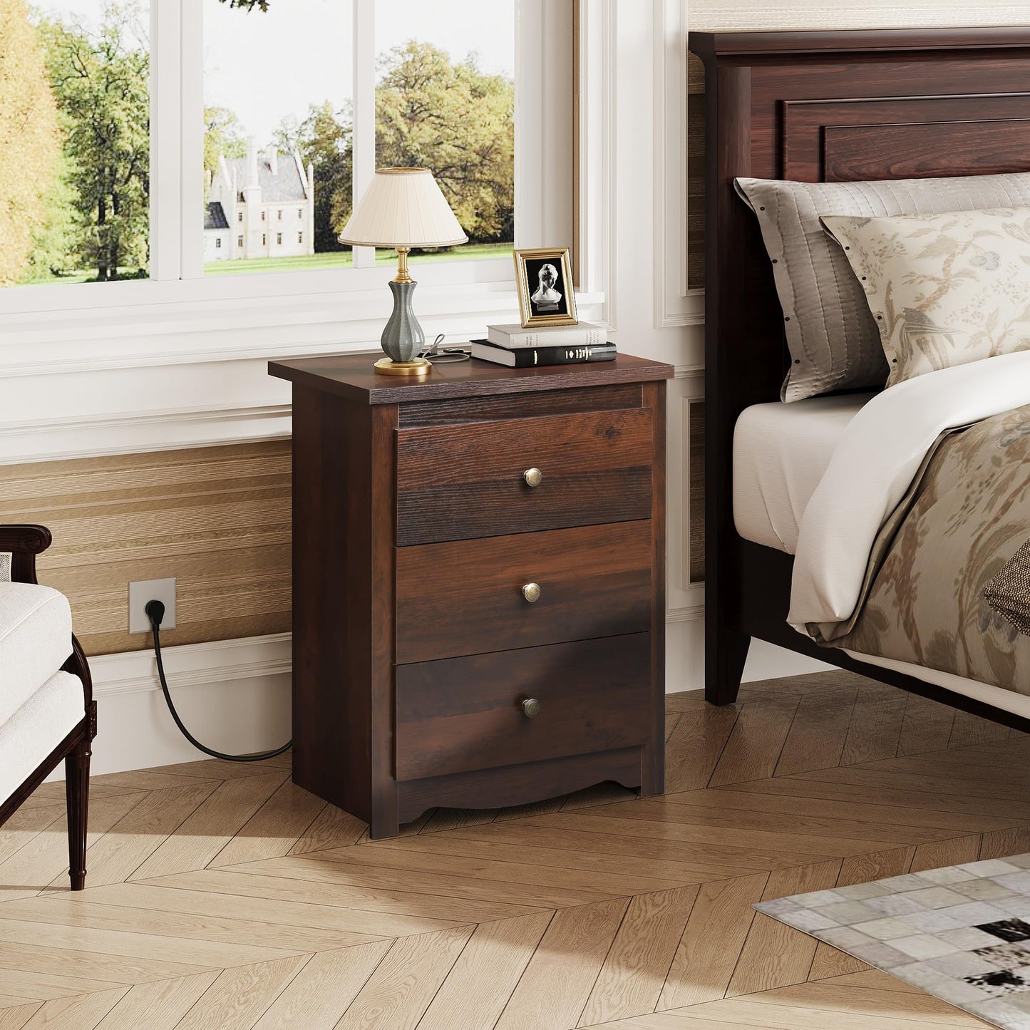 WLIVE Tall Nightstand with Charging Station, Wood Nightstand with 3 Drawers, Bedside Tables Bedroom, Dorm, End Table with 2 USB Ports and 2 AC Outlets, Bedside Table, Espresso