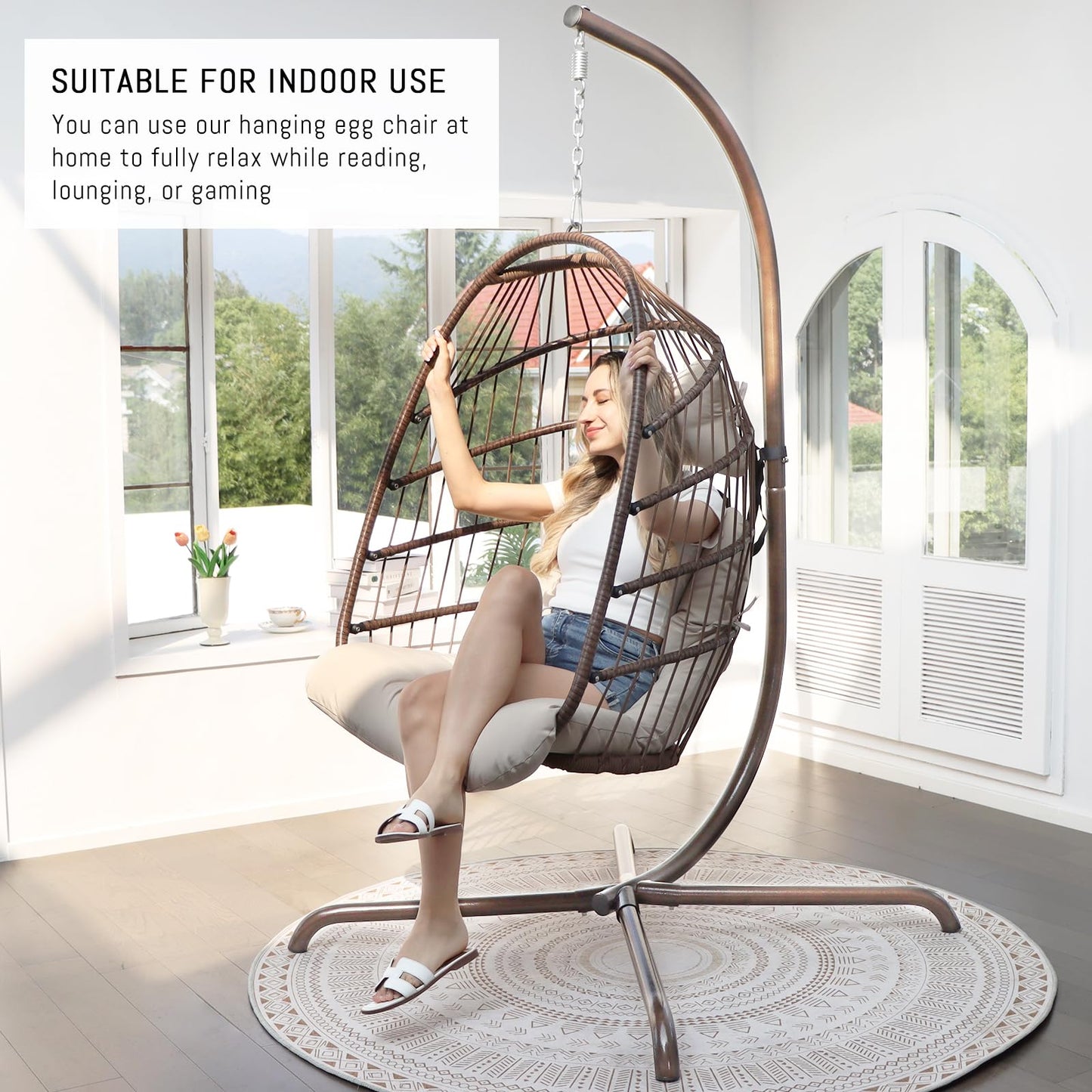 RADIATA Wicker Egg Swing Chair with Stand for Outside, Outdoor Comfy Hanging Egg Patio Chairs with Thick Cushion, 350Lbs Durable Swinging Rattan Chair for Bedroom Porch Backyard Balcony, Brown, Tan