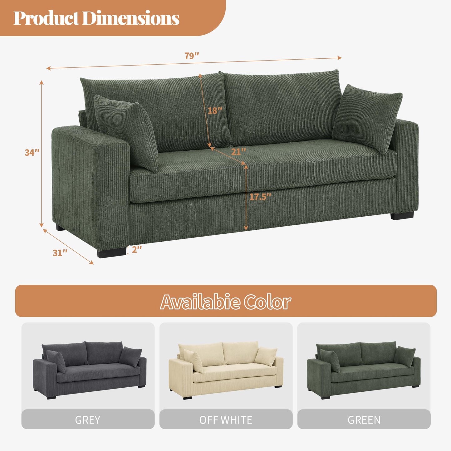 TBCOPTO 79” Cloud Loveseat Sofa, Modern Comfy Corduroy Couch with Deep Seats, Spring Cushions & Solid Wood Frame, Upholstered Love Seat Couches for Small Spaces Living Room, Bedroom, Apartment, Green