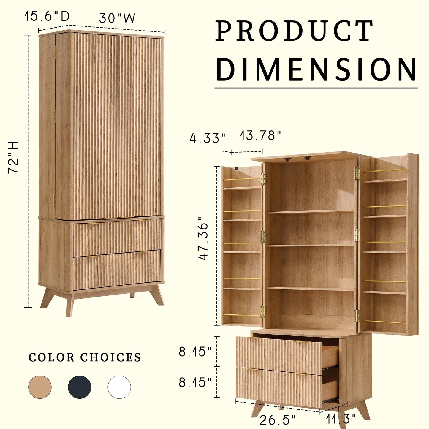 OKD Fluted Pantry Cabinet, Modern Kitchen Hutch, 72" Tall Storage Cabinet with 10 Door Shelves & 2 Drawers, Wood Cupboard for Kitchen & Living Room, Natrual Oak