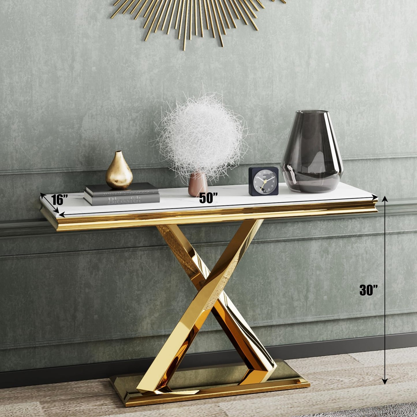 ACEDÉCOR Gold Console Table, 50" Entryway Table with White Tabletop & Gold Polished X-Base, Luxury Sofa Table for Living Room, Hallway, Foyer