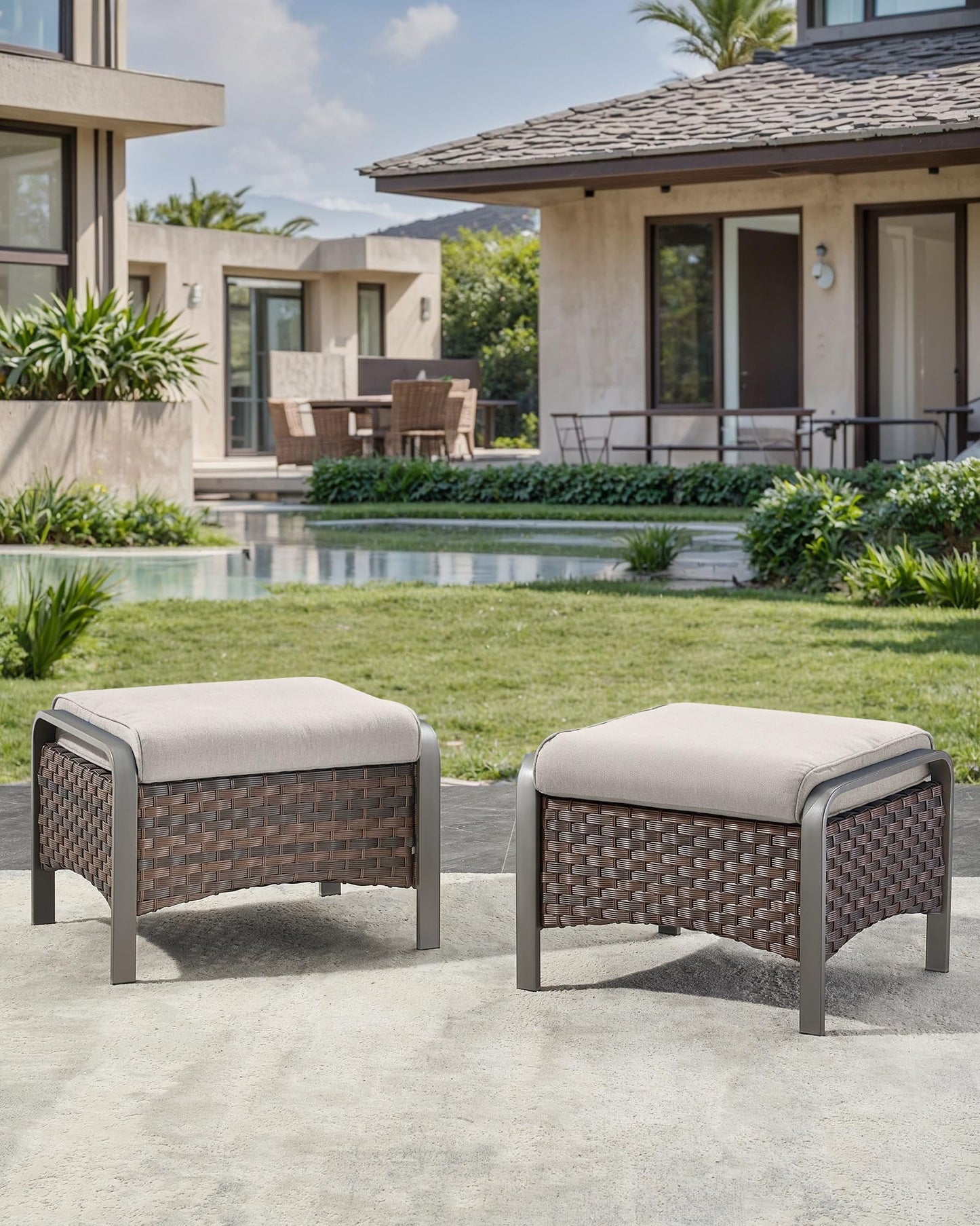HUMMUH 2 Pieces Outdoor Wicker Ottomans-Outdoor Patio Ottoman with Removable Cushion Outdoor Footstool for Deck Lawn Porch Garden Backyard-Brown/Beige