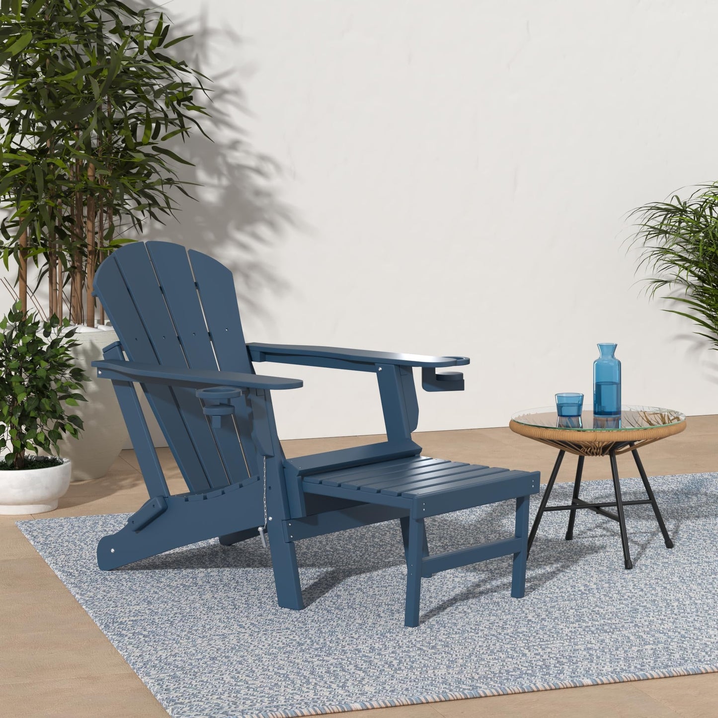 GREENVINES Adirondack-Chairs-with-Ottoman | Set of 2 | Folding | Retractable-Footrest | HDPE Plastic | All Weather Fire Pit Chair | Cup Holders | Blue | for Outdoor Poolside