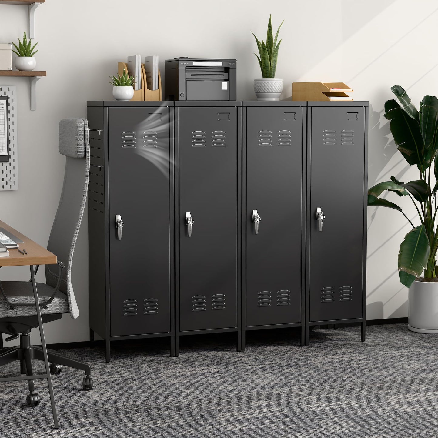 SUPEER Metal Lockers for Employees with Handle,Metal Storage Locker with 2 Pegboard & 5 Hooks for Gym, School, Office,Home,Garage,Black