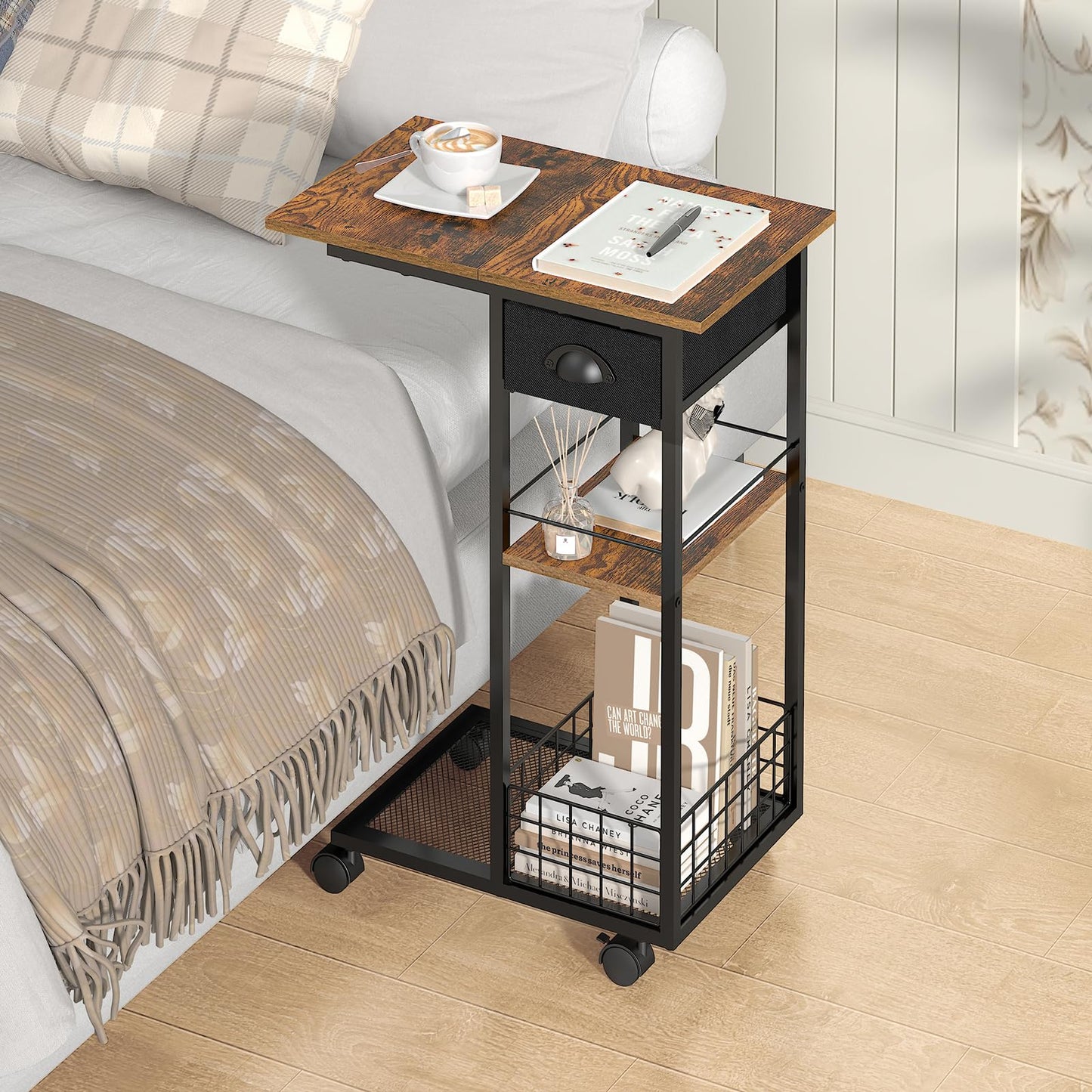 C Shaped End Table, Vintage Side Table with Drawer, Sofa Table with Wheels & Storage Basket for Living Room, Bedroom, Bedside, Rustic Brown and Black