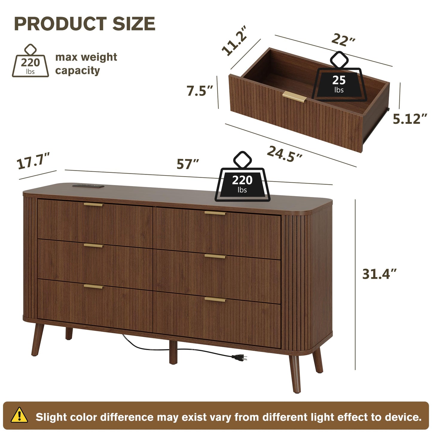 Fluted 6 Drawer Dresser with Charging, 57" Wide Wood Dresser TV Stand, Mid Century Modern Long Dressers with Curved Profile Design for Closet, Bedroom Living Room, Hallway, Entryway, Home Office