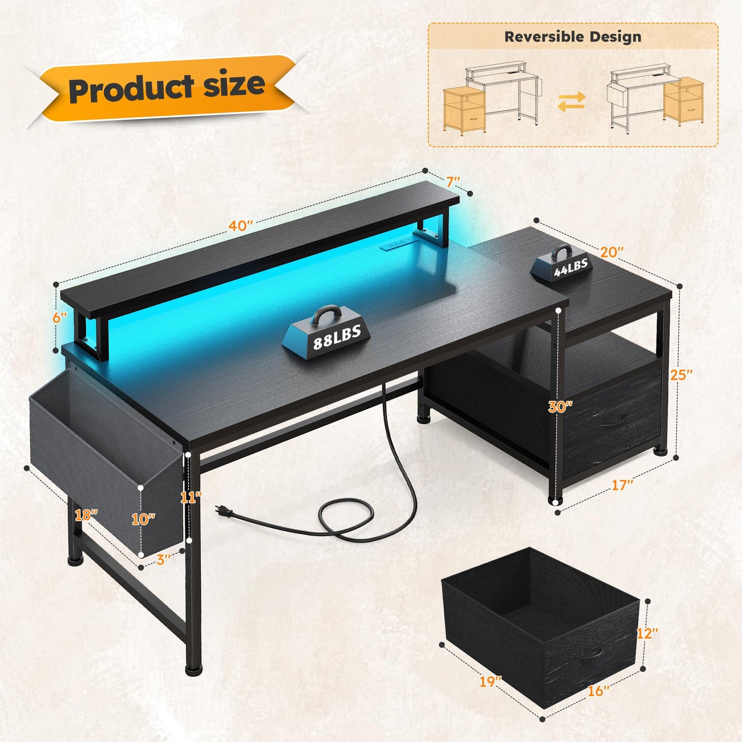Gaming Desk with Power Outlets and LED Lights,57" Computer Desk with Drawers and Printer Space,Office Desk with File Drawers Cabinet,Gaming Table with Shelves Monitor Stand,Living Room,Bedroom,Black