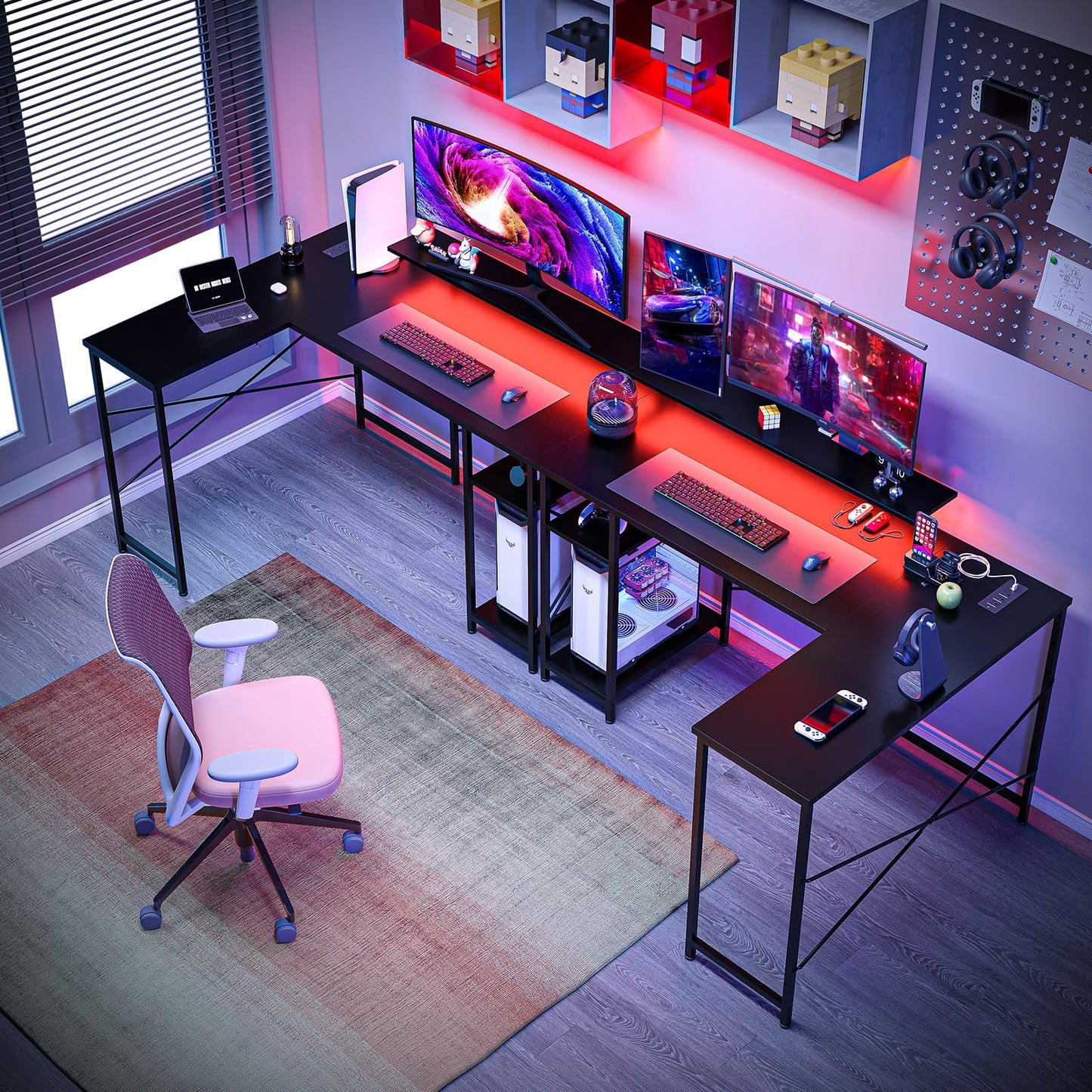 Takywep 54 inch Gaming Desk, Reversible L Shaped Desk, Corner Computer Desk with Monitor Stand, Power Outlets, LED Lights and Storage Shelves for Home Office, Bedroom, Writing Workstation (Black)