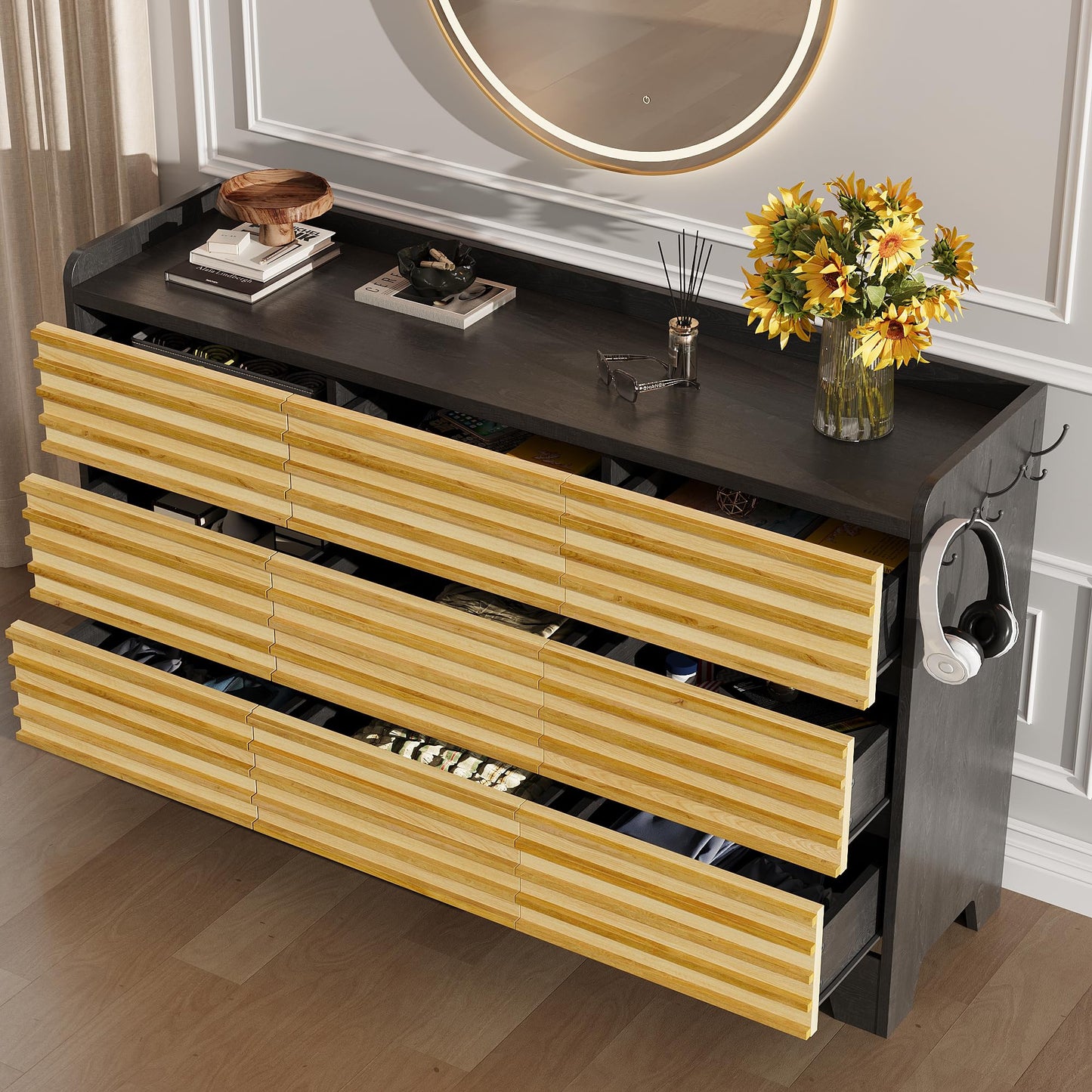 ANCTOR Fluted Dresser for Bedroom with 9 Drawers, 59" Wide Wood Chest of Drawers with 3 Hook and Elevated Tabletop, TV Stand with Drawers, Large Drawer Dresser for Bedroom, Living Room, Hallway, Black