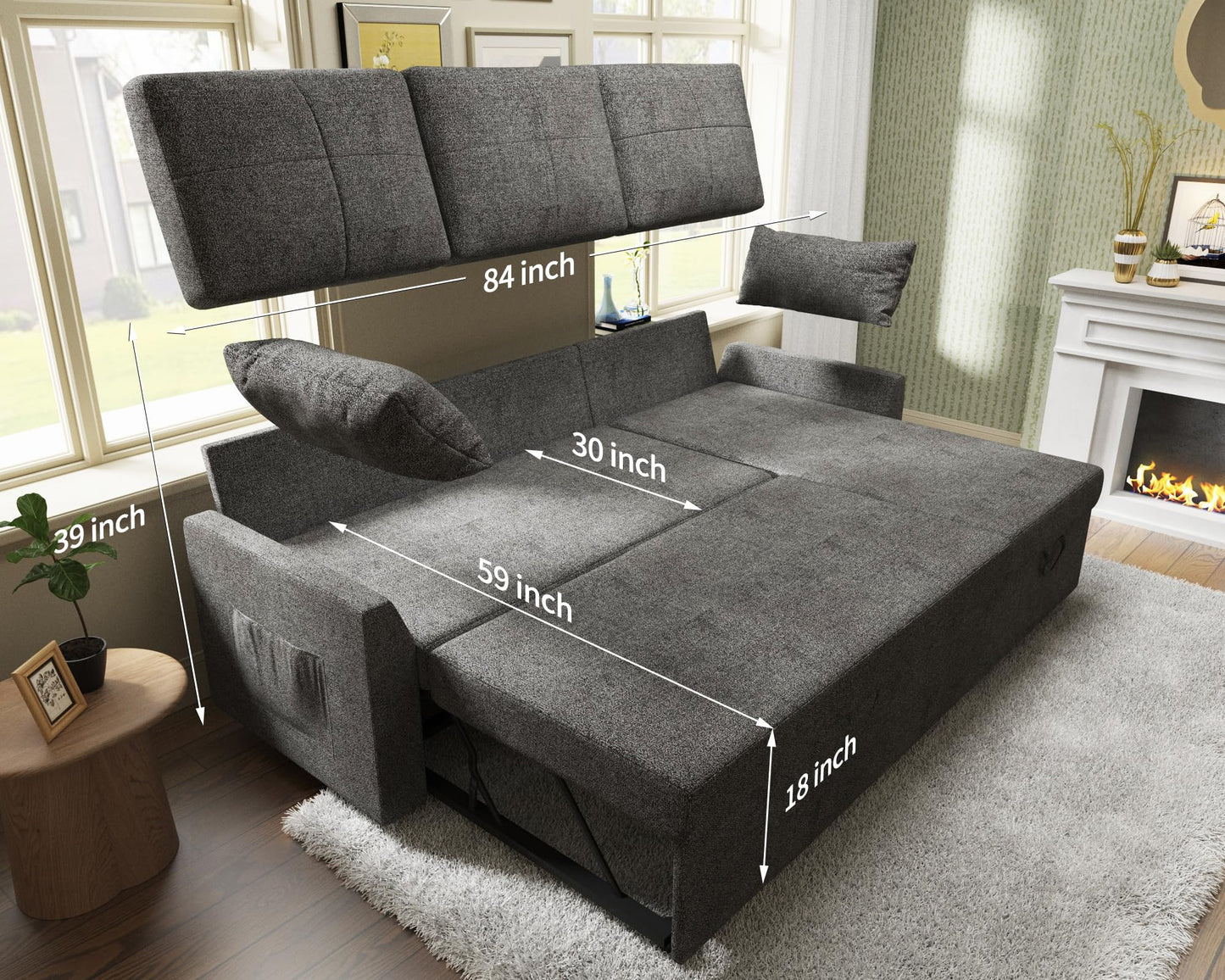 VanAcc Sleeper Sofa, Sofa Bed- 2 in 1 Pull Out Couch Bed with Storage Chaise, Sleeper Couch for Living Room, Grey Linen