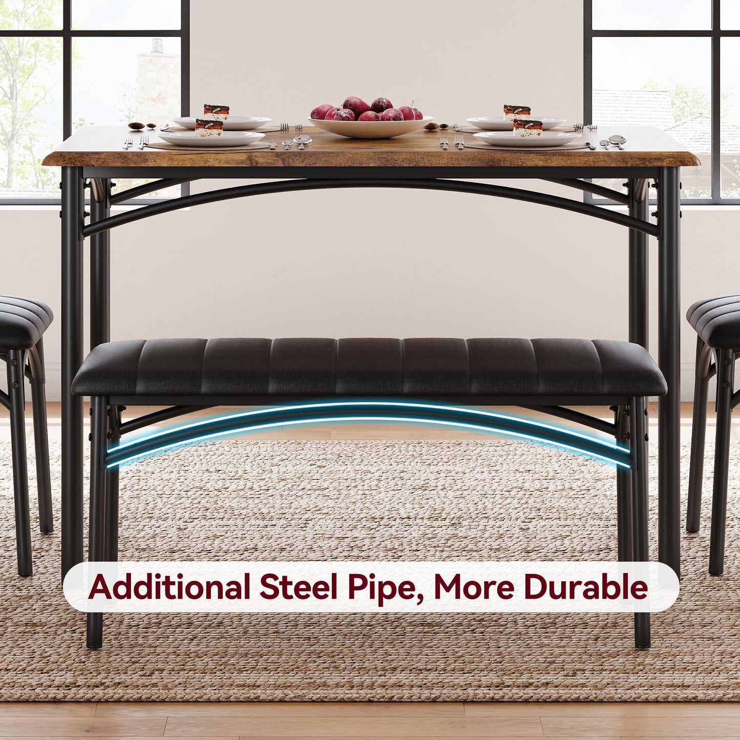 GarveeHome Dining Table Set for 4, Kitchen Table with Upholstered Chairs and Bench, Wood Rectangular Dining Table and Chairs Set for Small Space, Apartment, Dinner, Rustic Brown