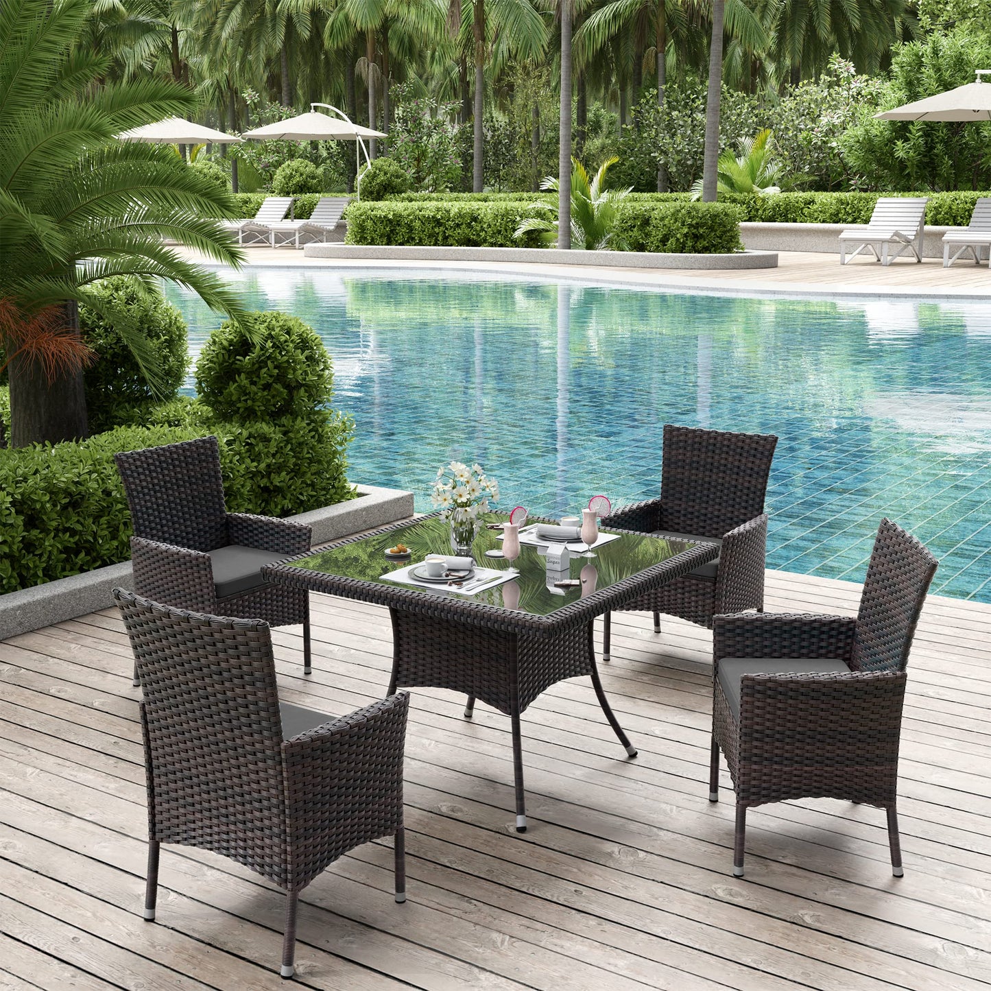 ALAULM 5 Piece Patio Dining Set All-Weather Wicker Outdoor Patio Furniture Set w/Tempered Glass Tabletop, Removable Cushions and Umbrella Hole for Patio, Backyard, Garden, Poolside(Grey)