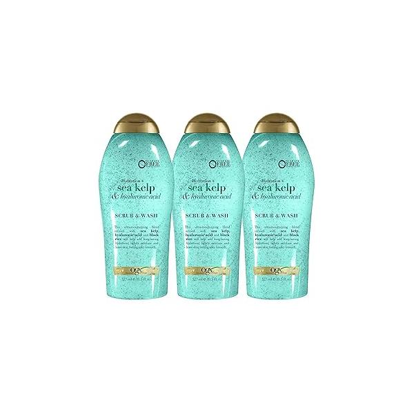 OGX Hydration + Sea Kelp & Hyaluronic Acid Sulfate-Free Lightly Moisturizing Body Scrub with Black Rice, Gentle Exfoliating Daily Wash to Soften Smooth Skin, 19.5 Fl Oz (pack of 3)