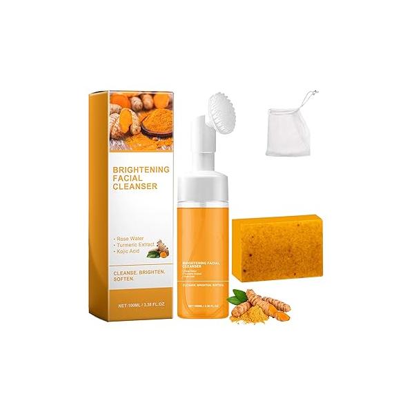 Turmeric Wash and Care two Piece Set, Cleansing Mousse, Facial Cleanser, Kojic Lemon Soap, for All Skin Types,Bring a Bubble Net