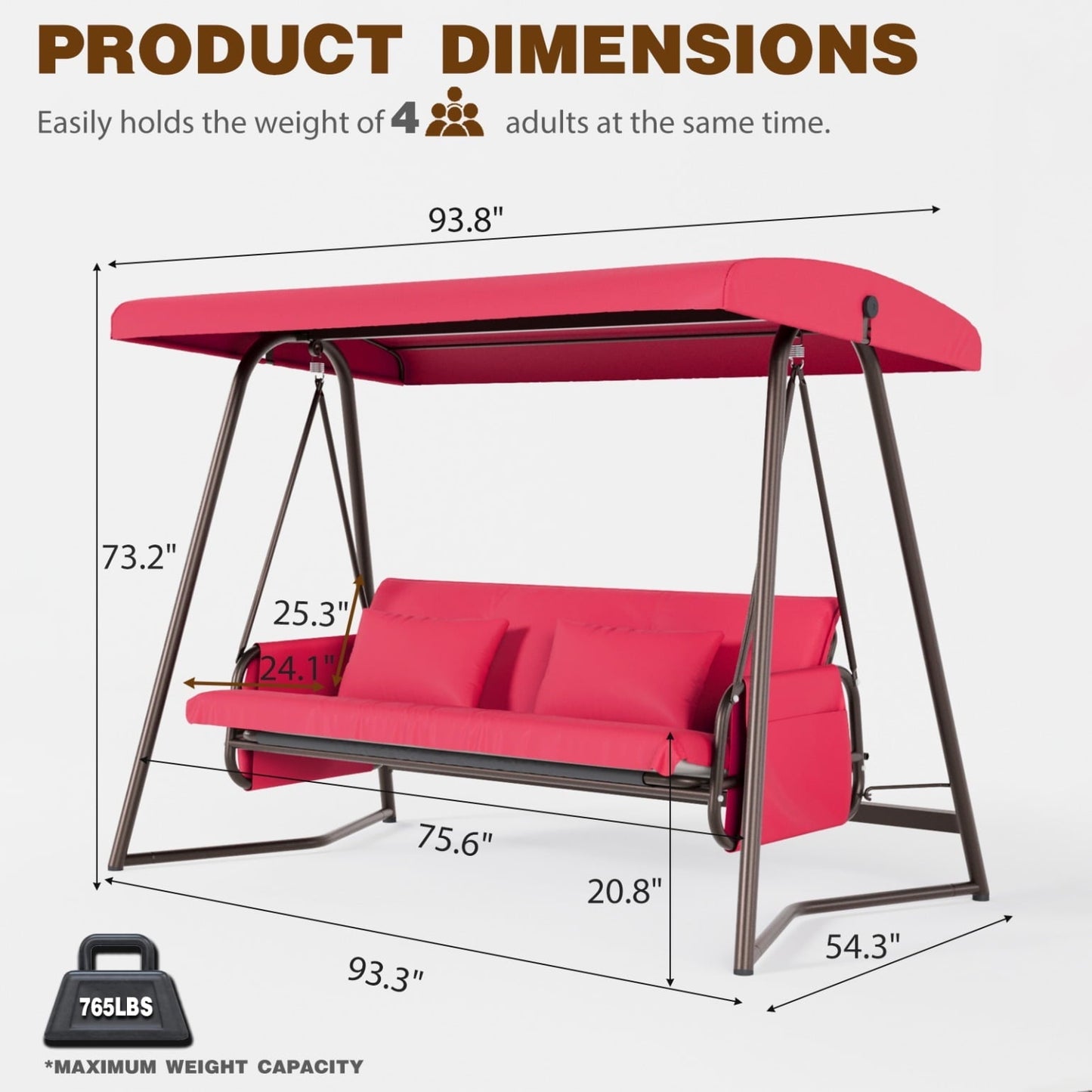 3-Seater Outdoor Patio Metal Swing Chair with Cushion and Adjustable Canopy, Comfortable Leisure Swing Bed with Adjustable Backrest, for Yard, Patio, Garden, Red