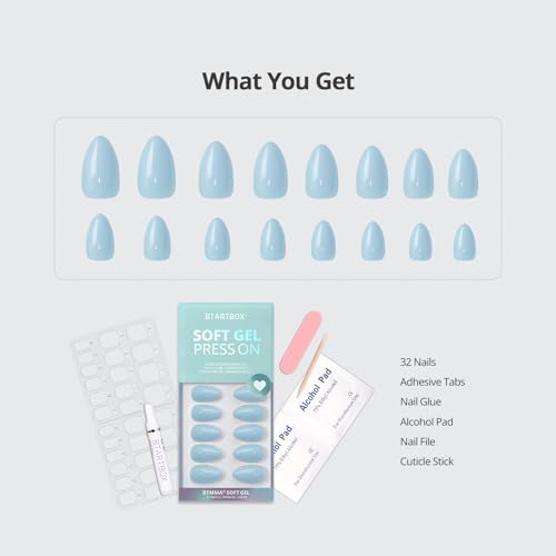 BTArtbox Press On Nails Short - Pastel Light Blue Almond Summer Press On Nails with Glue for Women, Opaque Soft Gel Glue On Nails in 16 Sizes - 32 Stick On Nails Kit, Sky Dash
