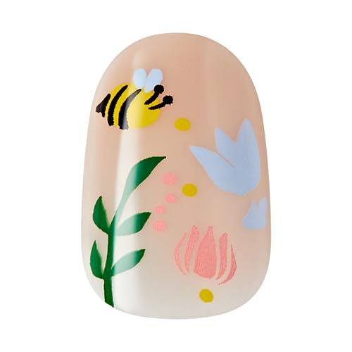 WICKED X KISS Press On Nails, ‘There's Joy’, Neutral, Short Oval, Waterproof, Chip Proof, Smudge Proof, 28 Fake Nails, Pink Gel Nail Glue (2g), Mini Nail File, & Manicure Stick