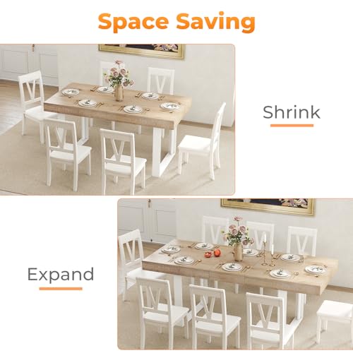 Zevemomo 63"-78.7" Expandable Dining Table, 6-10 Farmhouse Kitchen Table, Extendable Dining Table, Rectangular Kitchen Table with Metal Track, Tapered U-Shaped Legs for Dining Room, Office-Oak
