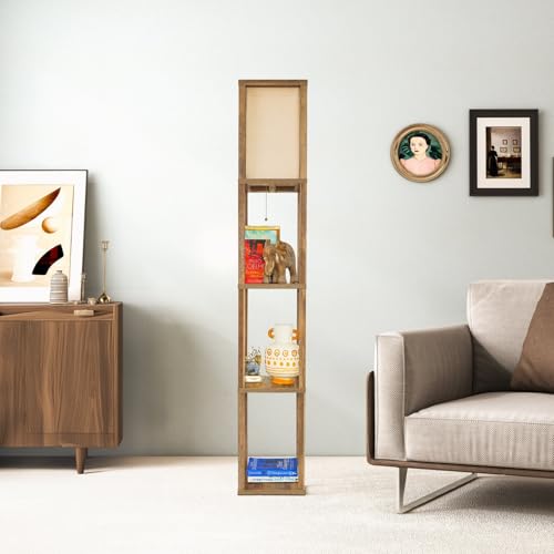 INHAI Modern Shelf Floor Lamp - Natural Wood Standing Lamp with Storage Shelves & Long Fabric Shade for Living Room, Bedroom, or Office (Adjustable Height) Ships from TX