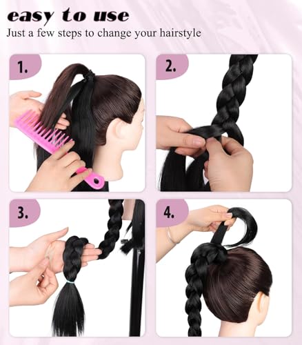 Long Braid Ponytail Extension with Hair Tie DIY Wrap Around Synthetic Hairpiece Natural Soft Fluffy Style for Women’s Daily Wear (34 Inch Brown Black)