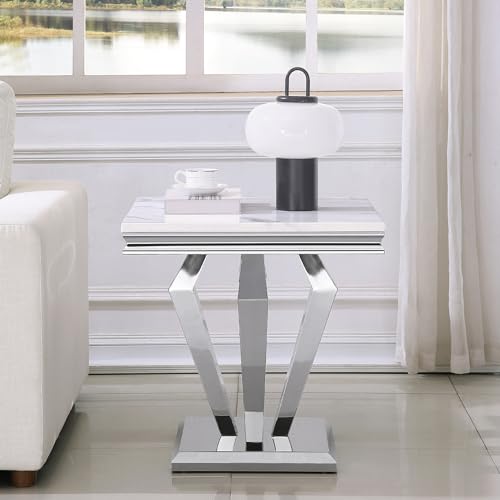Marble End Table for Living Room, 22.8" Modern Suqare Sofa Side Table with Silver Stainless Steel Base, White Faux Marble Nightstand Bedside Table Corner Table for Bedroom, Home Office