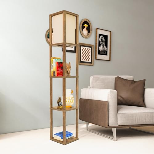INHAI Modern Shelf Floor Lamp - Natural Wood Standing Lamp with Storage Shelves & Long Fabric Shade for Living Room, Bedroom, or Office (Adjustable Height) Ships from TX