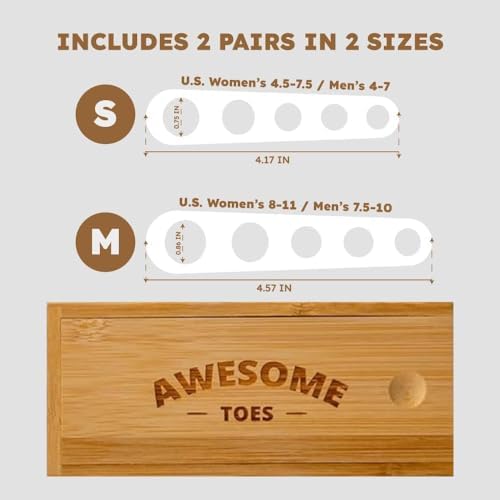 Awesome Toes Spacers & Separators, Fast Pain Relief from Hammertoe & Bunions, Two Pairs in Stylish Wooden Box, Latex-Free Rubber Toe Stretchers Used for Walking, Running & Yoga Practice