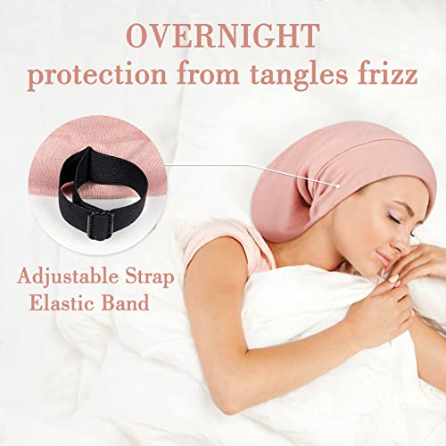 LULUSILK Mulberry Silk Bonnet for Sleeping Women, Real Silk Sleep Cap for Curly Hair and Braids, Pure Head Wrap with Scrunchies, Pink