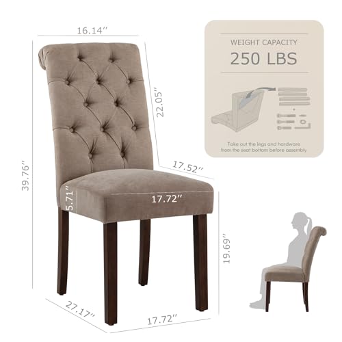 COLAMY Button Tufted Dining Chairs Set of 4, Parsons Upholstered Fabric Dining Room Chairs Kitchen Chairs with Wood Legs and Padded Seat, Taupe