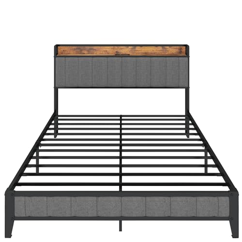 Bed Frame with Charging Station, Upholstered Headboard, Metal Platform, Grey Bed Frame