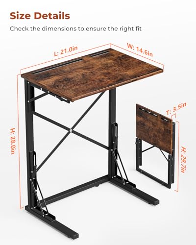 Evermagin 21''Wx28''H Folding TV Tray, Small Foldable C-Shaped End Table for Eating with Tablet and Phone Slots, Slide Under Couch Side Table for Recliner, Living Room, Bedroom, Rustic Brown