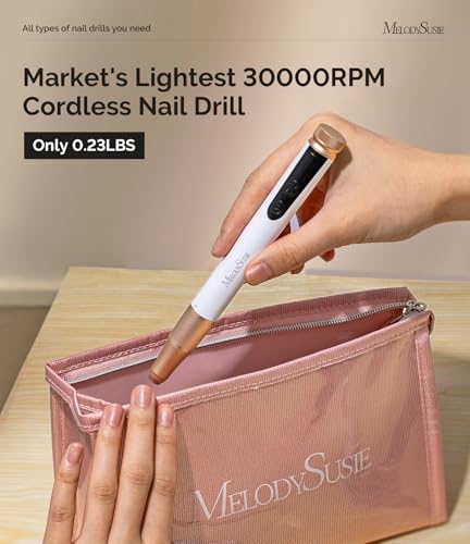 MelodySusie Electric Nail Drill, Portable Cordless Rechargeable Nail File Bits & Sanding Bands Kit for Acrylic & Gel Nails, 30000RPM Professional Efile for Manicure Pedicure Polishing, White SM180F