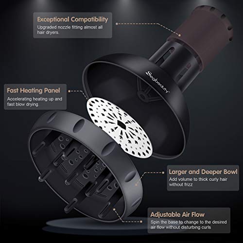 Segbeauty Hair Diffuser for Curly Hair, Upgraded Adjustable Air Flow, Deep Bowl, Professional Salon Frizz-free Fast Dry Diffuser Attachment with 1.57"-1.97" Nozzle, Black